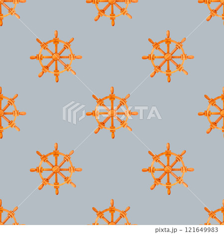 Watercolor ship's wheel pattern with a coastal theme, ideal for nautical projects, beach wedding invitations, or vacation-themed designs. Watercolor ship's wheel pattern with a coastal theme, ideal for nautical projects, beach wedding invitations, or vacation-themed designs. 121649983