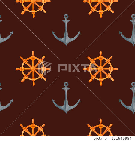 Watercolor pattern with anchors and ship's wheels, perfect for seafaring adventures, coastal invitations, or nautical-themed illustrations. Watercolor pattern with anchors and ship's wheels, perfect for seafaring adventures, coastal invitations, or nautical-themed illustrations. 121649984