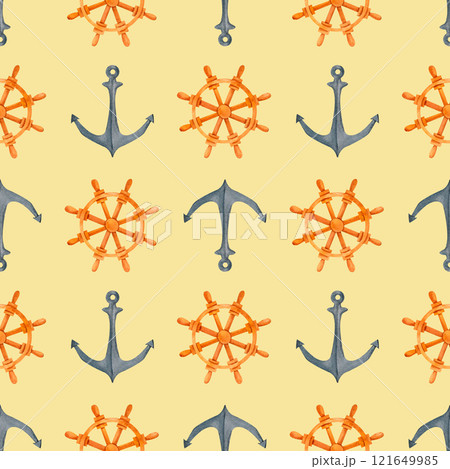 A refreshing watercolor pattern with anchors and ship's wheels, evoking images of the open sea. Perfect for coastal designs, summer party invitations, and nautical illustrations. A refreshing watercolor pattern with anchors and ship's wheels, evoking images of the open sea. Perfect for coastal designs, summer party invitations, and nautical illustrations. 121649985