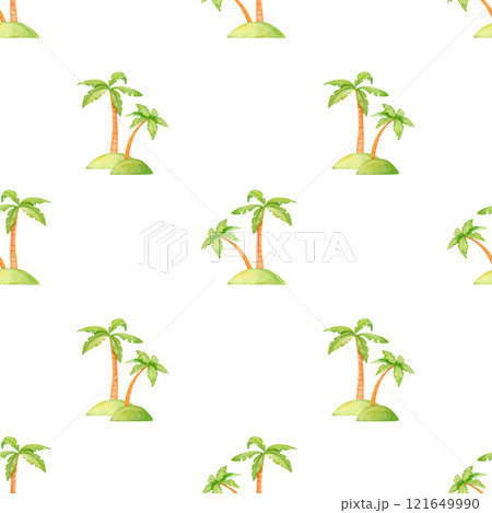 A tropical pattern with swaying palm trees againstcapturing the essence of a warm getaway. This watercolor design is perfect for beach-themed parties, vacation decor, and summer fashion. 121649990