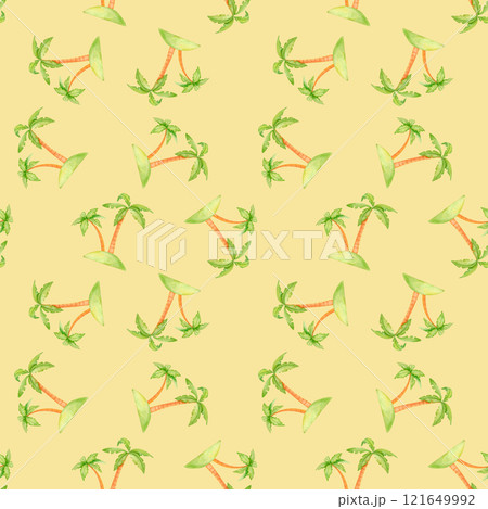 A tropical palm pattern, evoking sunny days and island adventures. This watercolor illustration is perfect for vacation-themed crafts, beach weddings, and resort decor. 121649992