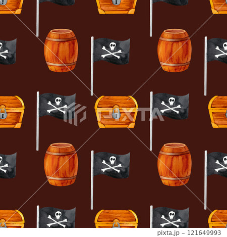 A pirate chest, weathered barrel, and ominous black flag, embodying mystery and adventure. This bold watercolor pattern is ideal for creative invitations, souvenirs, or kids party 121649993