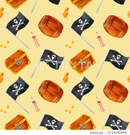 Barrel, Jolly Roger, message bottle, and coins. A vivid watercolor pattern designed for party decor, gift wrapping, or creative projects. 121649994
