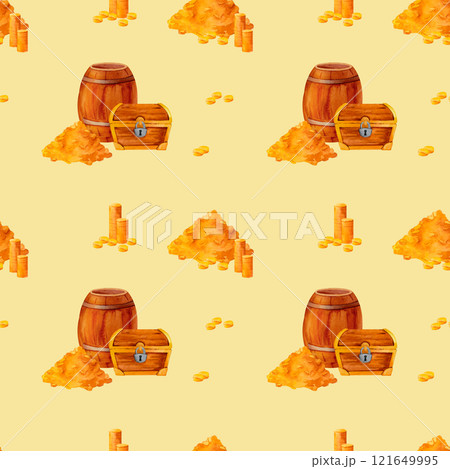 A treasure chest, barrel, and a pile of gleaming gold. watercolor pattern captures the essence of corsair loot, perfect for pirate-themed party decorations, invitations, or adventurous illustrations. 121649995
