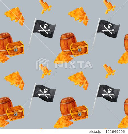 Chest of gold, pirate banner, barrel, and shiny coins. A dynamic watercolor pattern for wrapping paper, themed parties, or digital artwork. 121649996