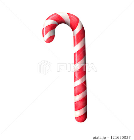 Candy Cane Illustration: A vibrant watercolor painting of a classic Christmas decor with red and white stripes. for festive designs, New Year crafts, holiday product packaging, and seasonal branding. 121650027