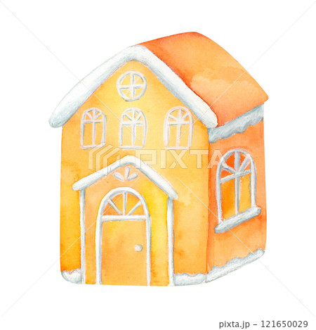 Gingerbread House with icing Illustration: A delightful watercolor depiction of a festive cookie decoration Perfect for Christmas cards, New Year decor, and holiday-themed designs. 121650029