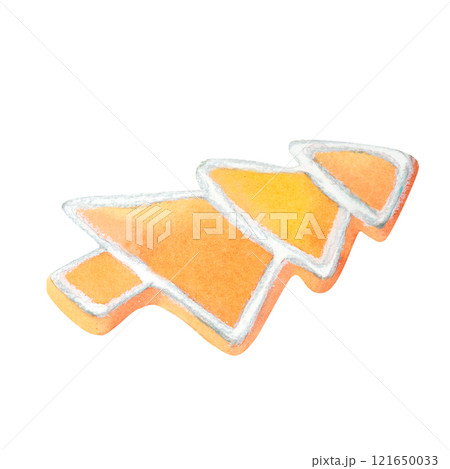 Christmas Tree Gingerbread: A detailed watercolor illustration of a traditional cookies with icing decorations, great for holiday branding, seasonal posters, calendars, New Year cards, and templates. 121650033