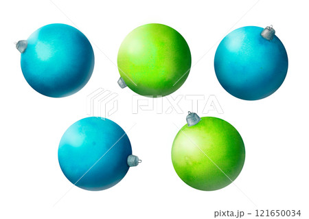 Blue turquoise and green Christmas Bauble, watercolor illustration of a classic blue bauble with delicate shading and smooth detailing. Perfect for decorating cards, brochures, or winter designs 121650034