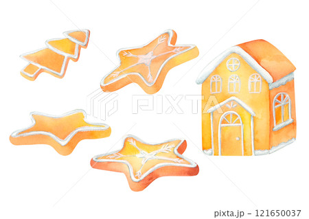Gingerbread set. House with icing, Christmas tree and star cookie Illustration: A delightful watercolor depiction of a festive decoration Perfect for cards, New Year decor, and holiday-themed designs. 121650037