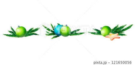 Evergreen sprigs with ornaments: Watercolor illustration of Christmas tree brunch and ornaments in green and blue tones. Ideal for scrapbook layouts, DIY holiday projects, or winter-themed posters. 121650056