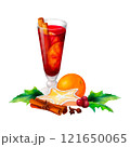 Citrus and Mulled Wine: A watercolor Christmas composition of glass with orange, cinnamon sticks, star cookie and holly leaves. Suitable for holiday menus, packaging, festive decor 121650065