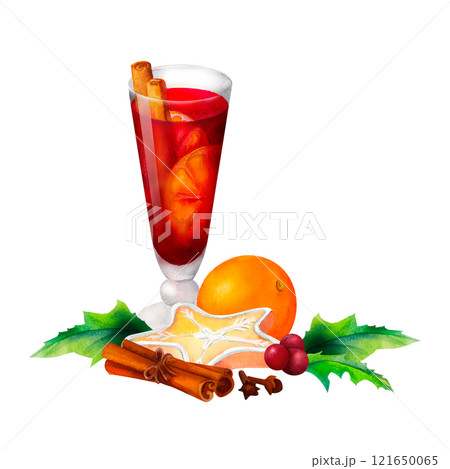 Citrus and Mulled Wine: A watercolor Christmas composition of glass with orange, cinnamon sticks, star cookie and holly leaves. Suitable for holiday menus, packaging, festive decor Citrus and Mulled Wine: A watercolor Christmas composition of glass with orange, cinnamon sticks, star cookie and holly leaves. Suitable for holiday menus, packaging, festive decor 121650065