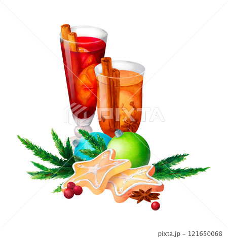 Gingerbread and Festive Drinks: A watercolor artwork featuring a glass of mulled wine with cinnamon, star cookies, and greenery. Suitable for Christmas cards, recipe eBooks, or social media ads. Gingerbread and Festive Drinks: A watercolor artwork featuring a glass of mulled wine with cinnamon, star cookies, and greenery. Suitable for Christmas cards, recipe eBooks, or social media ads. 121650068