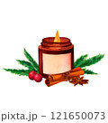 Cinnamon and Festive Candles: A watercolor arrangement of candles surrounded by cinnamon sticks and coniferous branch. Perfect for Christmas DIY guides, seasonal advertisements, and gift tags. 121650073