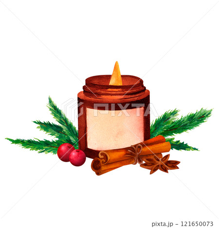 Cinnamon and Festive Candles: A watercolor arrangement of candles surrounded by cinnamon sticks and coniferous branch. Perfect for Christmas DIY guides, seasonal advertisements, and gift tags. Cinnamon and Festive Candles: A watercolor arrangement of candles surrounded by cinnamon sticks and coniferous branch. Perfect for Christmas DIY guides, seasonal advertisements, and gift tags. 121650073