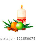 Holiday Candles and Ornaments: A watercolor illustration of festive candles with baubles, greenery and cinnamon. Perfect for winter-themed digital graphics, gift tags, or Christmas brochures. 121650075