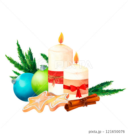 Candles and Star Cookies: A watercolor composition of festive candles, star-shaped gingerbread cookies, holiday greenery. Great for Christmas gift tags, menu designs, and winter party flyers. Candles and Star Cookies: A watercolor composition of festive candles, star-shaped gingerbread cookies, holiday greenery. Great for Christmas gift tags, menu designs, and winter party flyers. 121650076