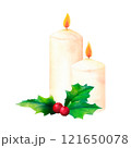 New Year Candle Decor: A watercolor depiction of a lit white candle with green holly and red berry, Great for Christmas gift wrapping, product packaging, and branding. 121650078