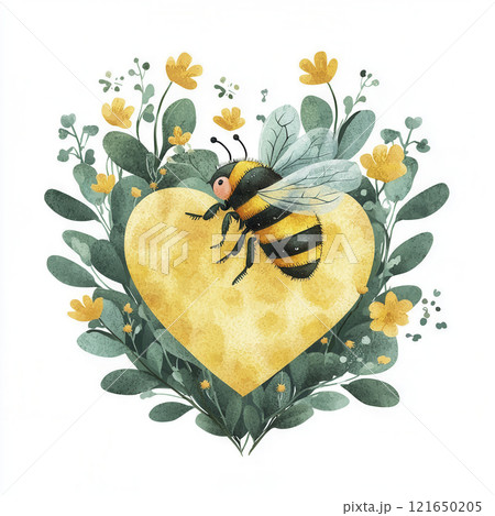 cute bee rests on heart shaped flower surrounded by lush green leaves and yellow blossoms 121650205