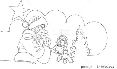 One continuous line drawing Santa Claus on reindeer and sled. concept for Christmas and New Year. vector illustration. Vector illustration 121650353