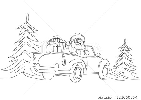 One continuous line drawing Santa Claus on reindeer and sled. concept for Christmas and New Year. vector illustration. Vector illustration 121650354
