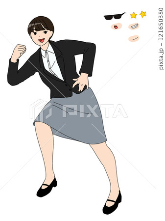 ガッツポーズして足置を何かに置くスーツを着たカスタムパーツ付き女性のベタ塗りデジタルイラスト 121650380