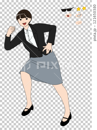 ガッツポーズして足置を何かに置くスーツを着たカスタムパーツ付き女性のベタ塗りデジタルイラスト 121650380
