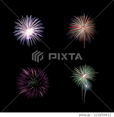 Set of variety colorful fireworks isolated on black background Set of variety colorful fireworks isolated on black background 121650411