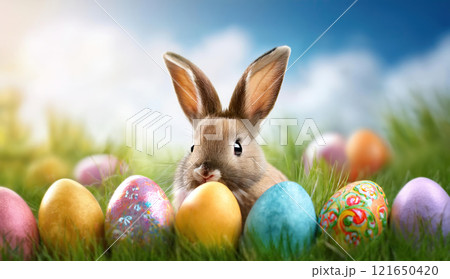Cute little bunny peeking behind Easter eggs in a green grass meadow. Seasonal celebration background with rabbit as spring holiday symbol 121650420