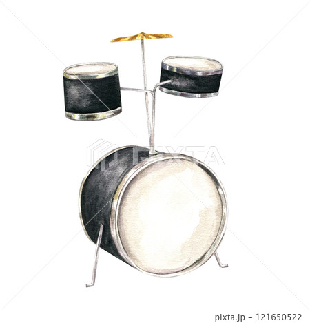 Watercolor drum kit illustration. Black drums and golden cymbal musical instrument in realistic style. Hand painted orchestra element for jazz, rock festival poster, invitation, label Watercolor drum kit illustration. Black drums and golden cymbal musical instrument in realistic style. Hand painted orchestra element for jazz, rock festival poster, invitation, label 121650522