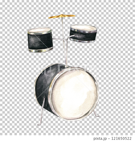 Watercolor drum kit illustration. Black drums and golden cymbal musical instrument in realistic style. Hand painted orchestra element for jazz, rock festival poster, invitation, label Watercolor drum kit illustration. Black drums and golden cymbal musical instrument in realistic style. Hand painted orchestra element for jazz, rock festival poster, invitation, label 121650522