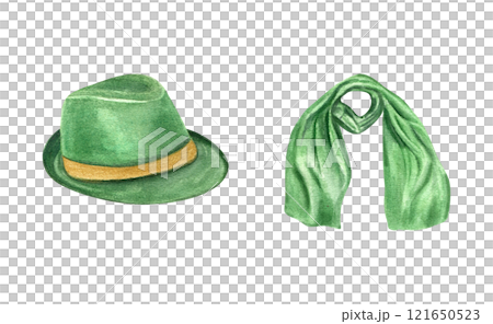 Watercolor green Borsalino felt hat with golden ribbon and wool scarf illustration clip art. Feisal carnival accessories for fancy dress. Fabric clothing elements for poster, advertising brochure Watercolor green Borsalino felt hat with golden ribbon and wool scarf illustration clip art. Feisal carnival accessories for fancy dress. Fabric clothing elements for poster, advertising brochure 121650523