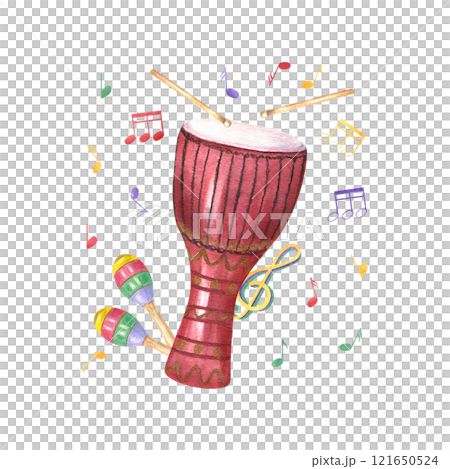 Djembe drum, colored maracas and flying musical notes watercolor illustration. Traditional ethnic music percussion instruments. Mardi Grass, Brazilian carnival, festival. For greeting cards, poster 121650524
