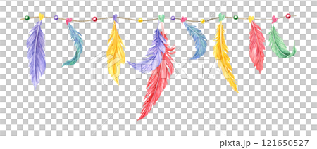 Watercolor multicolored fluffy feather plumage, hearts and beads hanging on string illustration. Hand drawn Mardi Gras carnival garland with accessories for party design, print, package decor Watercolor multicolored fluffy feather plumage, hearts and beads hanging on string illustration. Hand drawn Mardi Gras carnival garland with accessories for party design, print, package decor 121650527