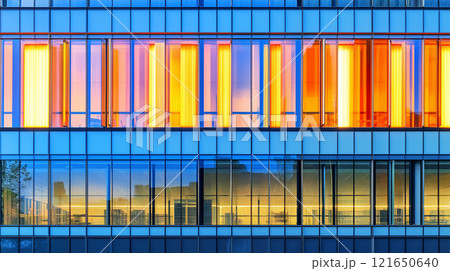 Modern building facade showcasing colorful reflections and window designs at sunset in an urban setting 121650640
