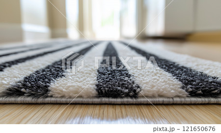 Close up view of a black and white striped rug on wooden floor in a bright room with natural light at midday 121650676