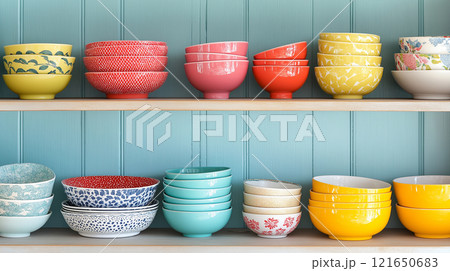 Colorful kitchen with a variety of bowls arranged neatly on wooden shelves against a light blue wall Colorful kitchen with a variety of bowls arranged neatly on wooden shelves against a light blue wall 121650683