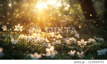 Early spring flowers bloom in a peaceful meadow at sunrise, capturing the essence of nature's revival 121650751
