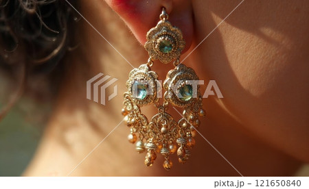 Elegant gold earrings with intricate design and blue gemstones displayed on a model outdoors in natural light 121650840