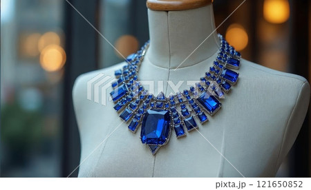 Elegant blue sapphire gemstone necklace displayed on a mannequin in a softly lit boutique 121650852