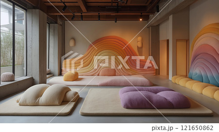 Modern interior featuring colorful flooring as wall art in a bright, minimalist space Modern interior featuring colorful flooring as wall art in a bright, minimalist space 121650862