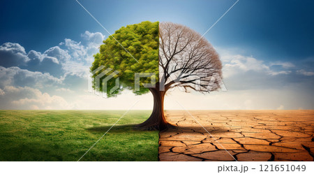 半分は葉が茂っており、もう半分は枯れている象徴的な木。環境問題のイメージ。 半分は葉が茂っており、もう半分は枯れている象徴的な木。環境問題のイメージ。 121651049