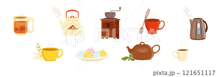 Tea and Coffee Brewing and Preparation Vector Set 121651117