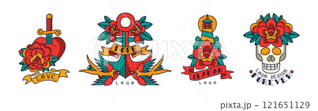 Old School Traditional Tattoos Emblem Vector Set 121651129