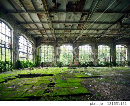 廃墟になった古い工場の室内。割れた窓、苔むした床。 廃墟になった古い工場の室内。割れた窓、苔むした床。 121651181