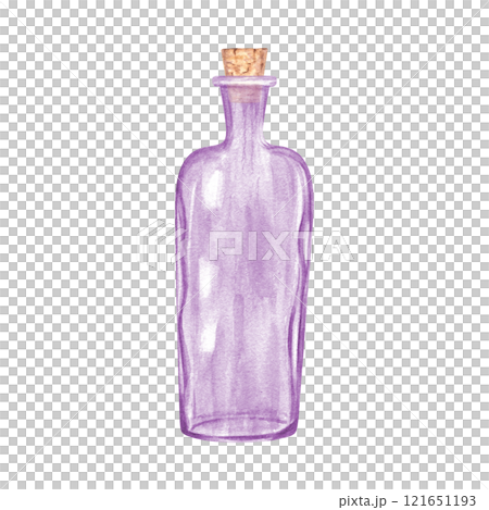 Purple transparent empty glass bottle with wooden cork watercolor illustration. Vintage glassware with stopper for perfume, oil, liquid, aromatherapy or drinks. For art projects, interior design. 121651193
