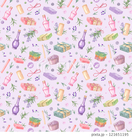 Watercolor flying spa elements seamless pattern on pastel purple background. Vintage candle, bowl with salt, wild flowers, herbs, bottle with oil, soap bars, bath bomb illustration for paper package. 121651195