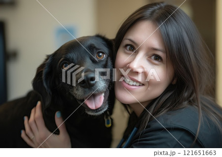 Portrait of a happy young woman with her dog at home. 121651663
