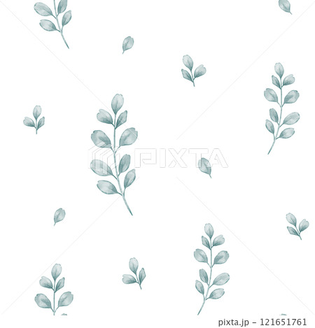 Watercolor seamless pattern with green eucalyptus branches and leaves. Illustration for wallpaper, wrapping paper. Background in minimalist style for baby textile or botanical banner. Green backdrop. Watercolor seamless pattern with green eucalyptus branches and leaves. Illustration for wallpaper, wrapping paper. Background in minimalist style for baby textile or botanical banner. Green backdrop. 121651761